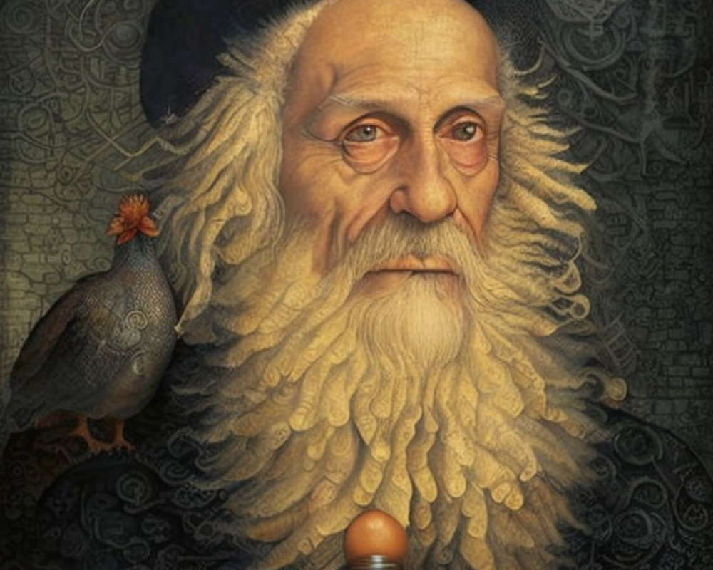 Elderly man with white beard, hen, decorated egg, and pipe in illustration