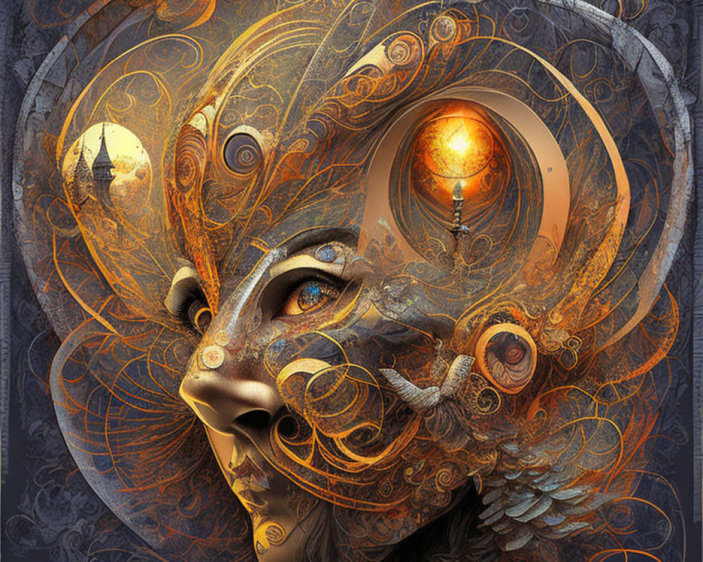 Digital artwork of woman with mechanical elements and ornate headdress blending architectural and steampunk aesthetics