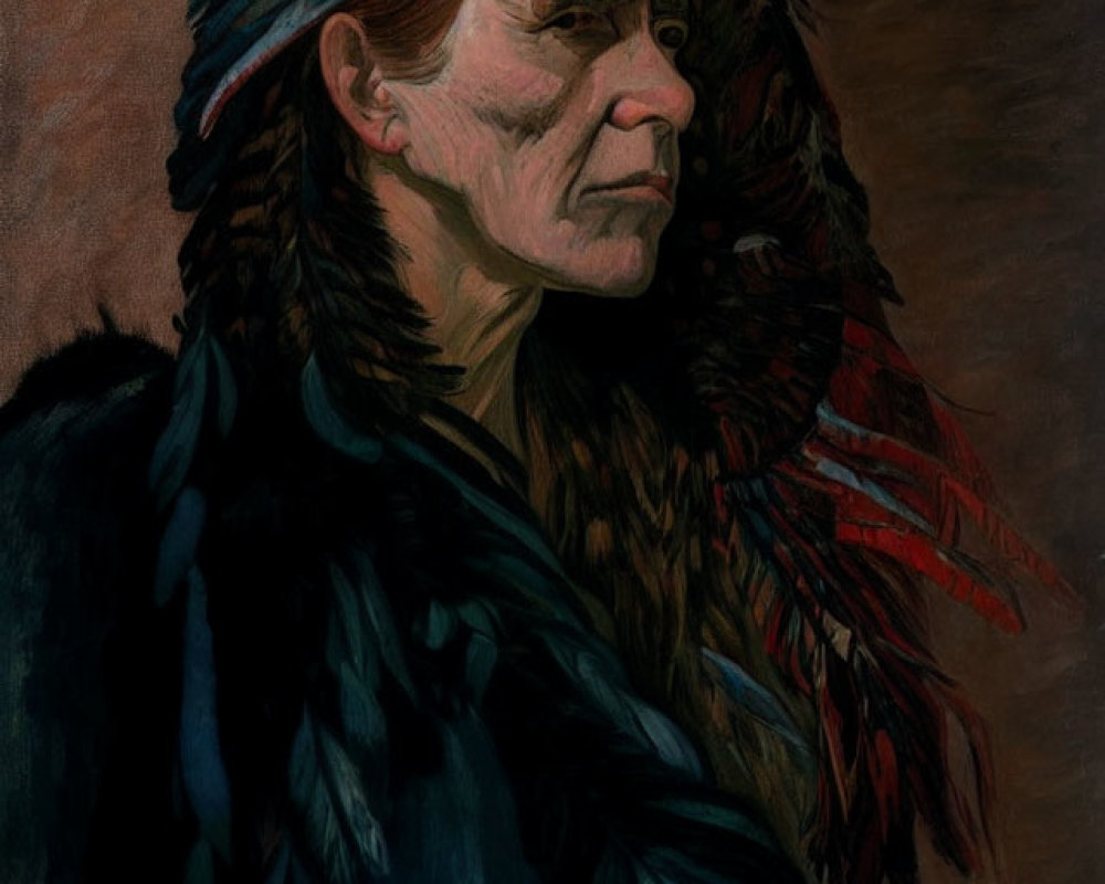 Native American man in feathered headdress oil painting