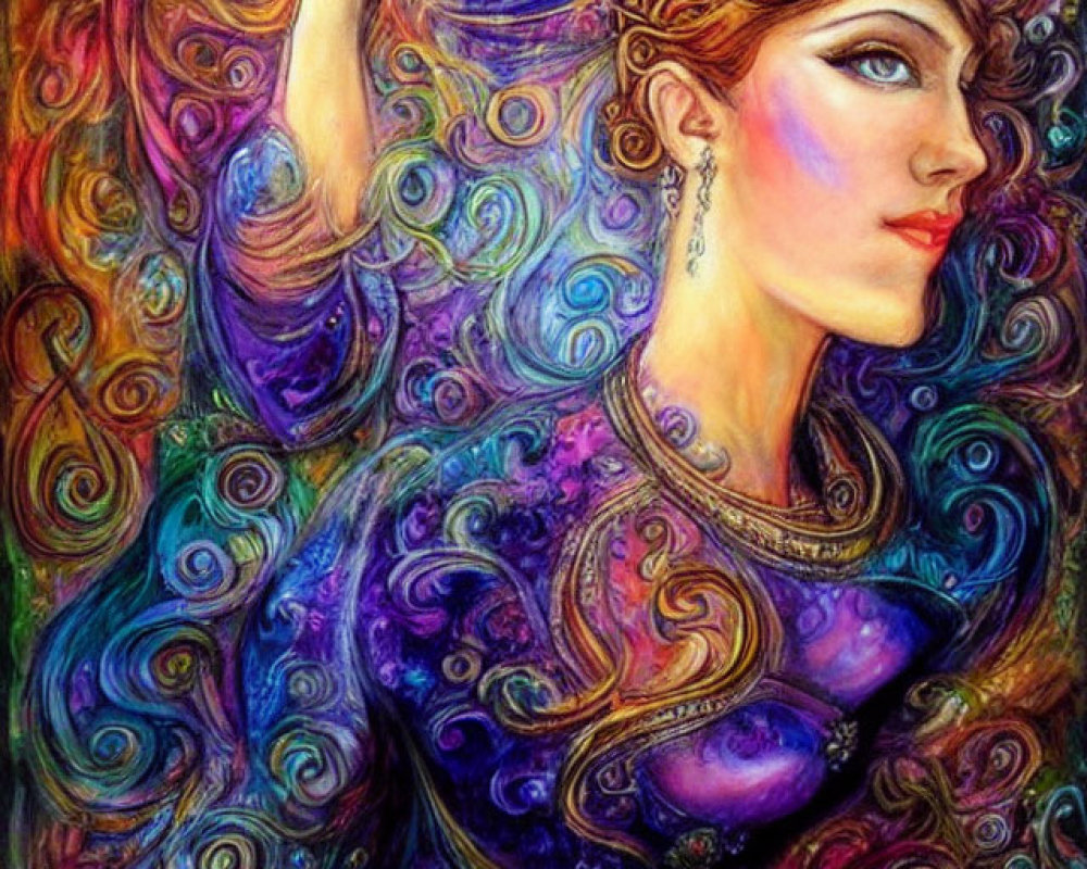 Vibrant artwork of two stylized women with swirling designs in purple and blue.