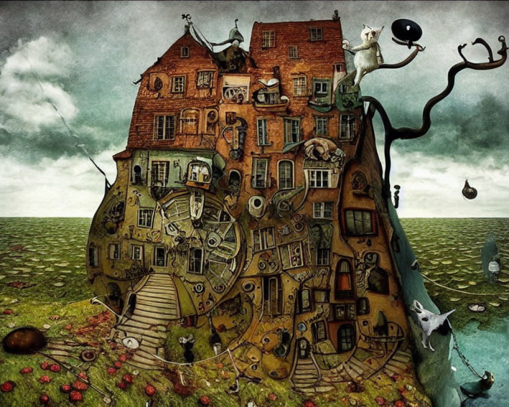 Surreal clock-themed house with anthropomorphic creatures on textured green ground