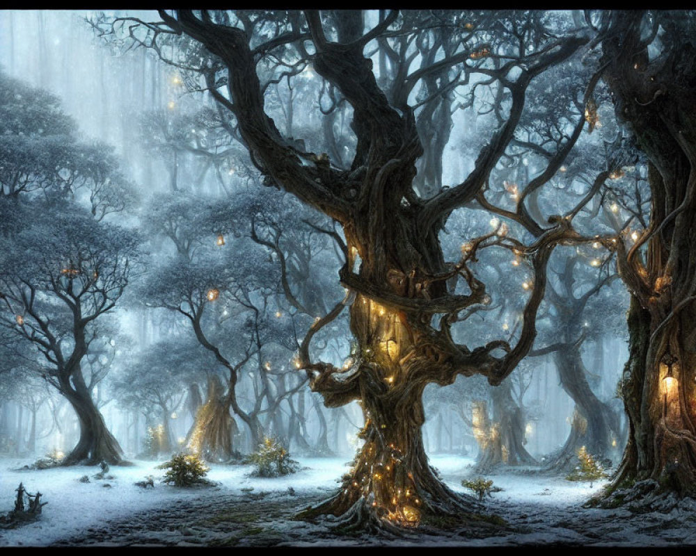 Mystical forest scene with glowing trees in misty snowscape