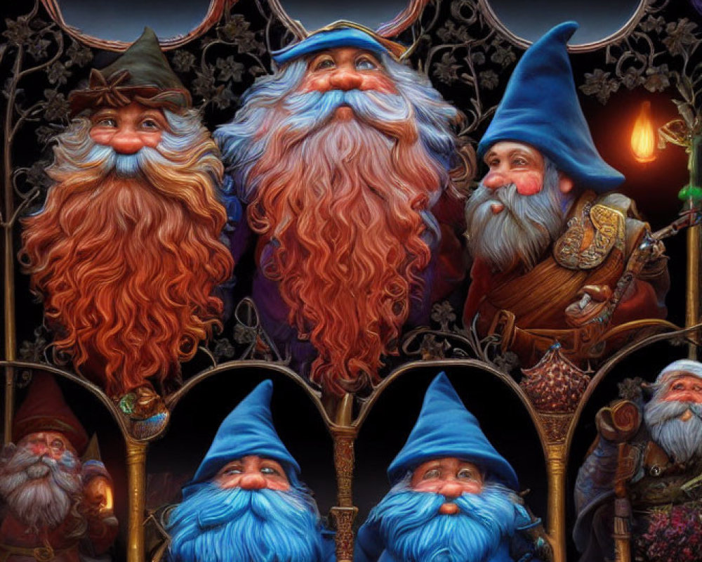 Five whimsical gnomes with unique hats and long beards in ornate background.