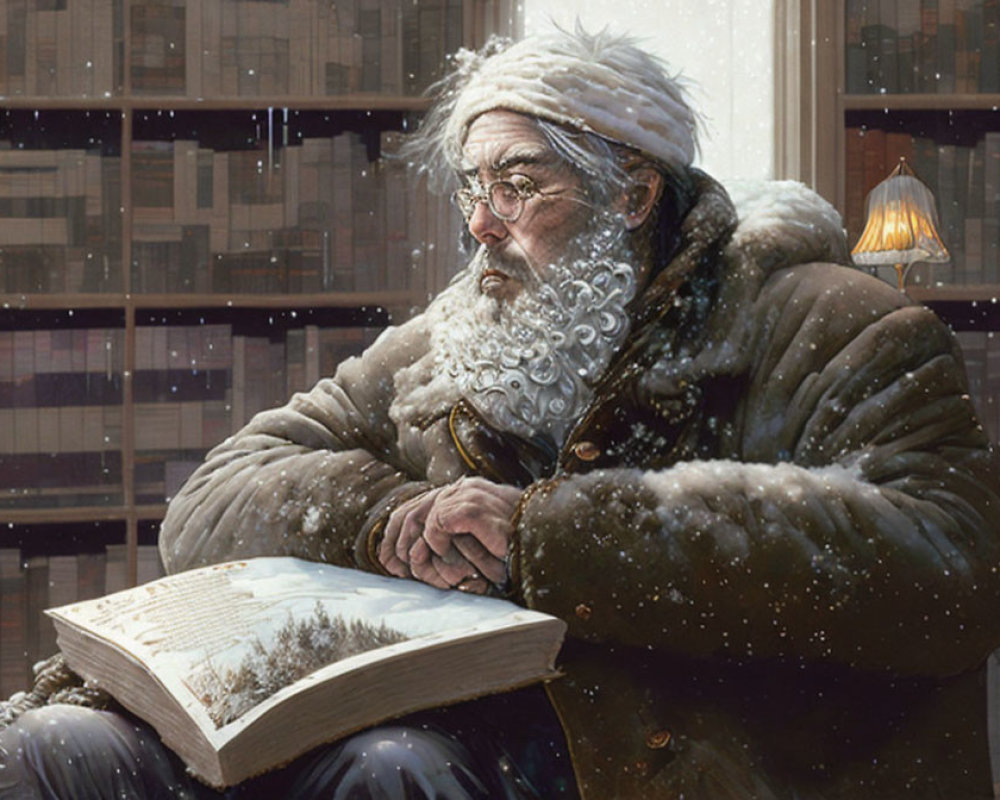 Elderly man in warm coat gazes out window as snow falls with open book