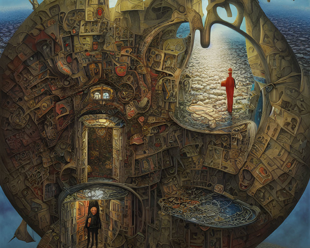 Intricate Mobius Strip Structure with Surreal Landscape and Figures