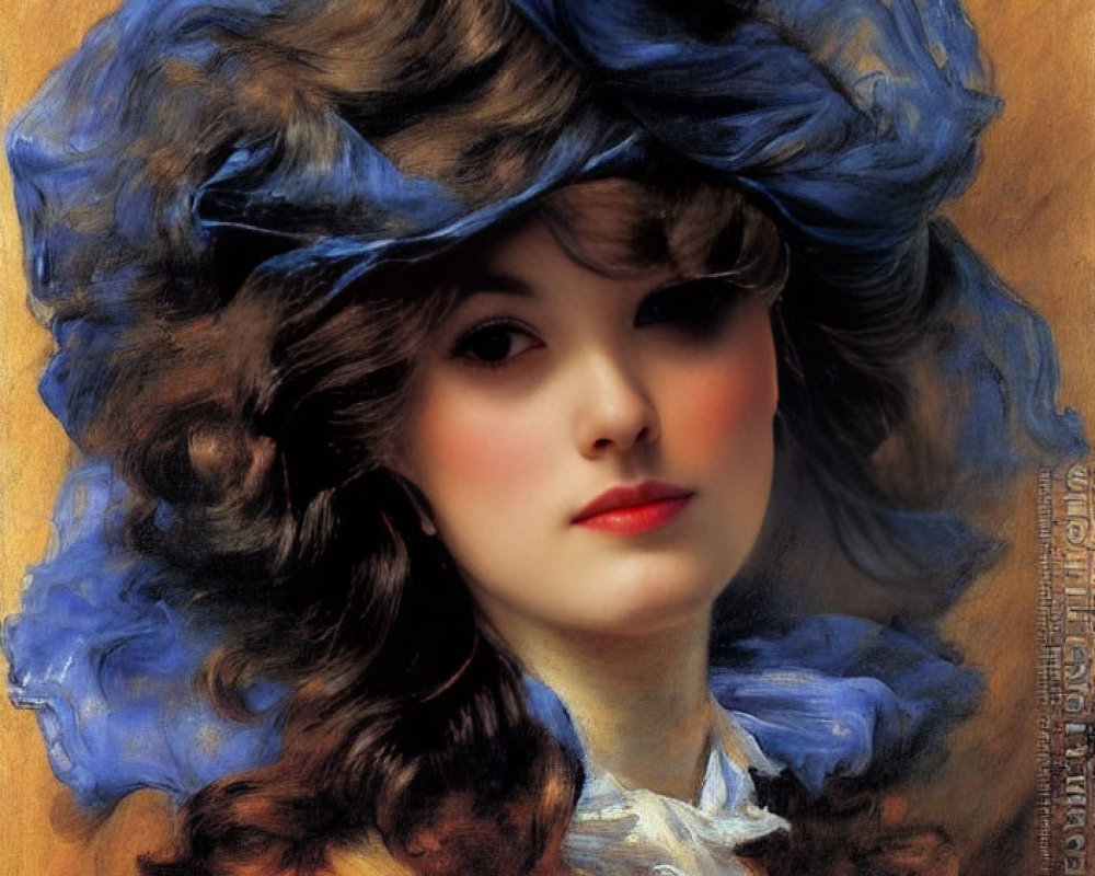 Young woman portrait with voluminous curly hair and blue hat.