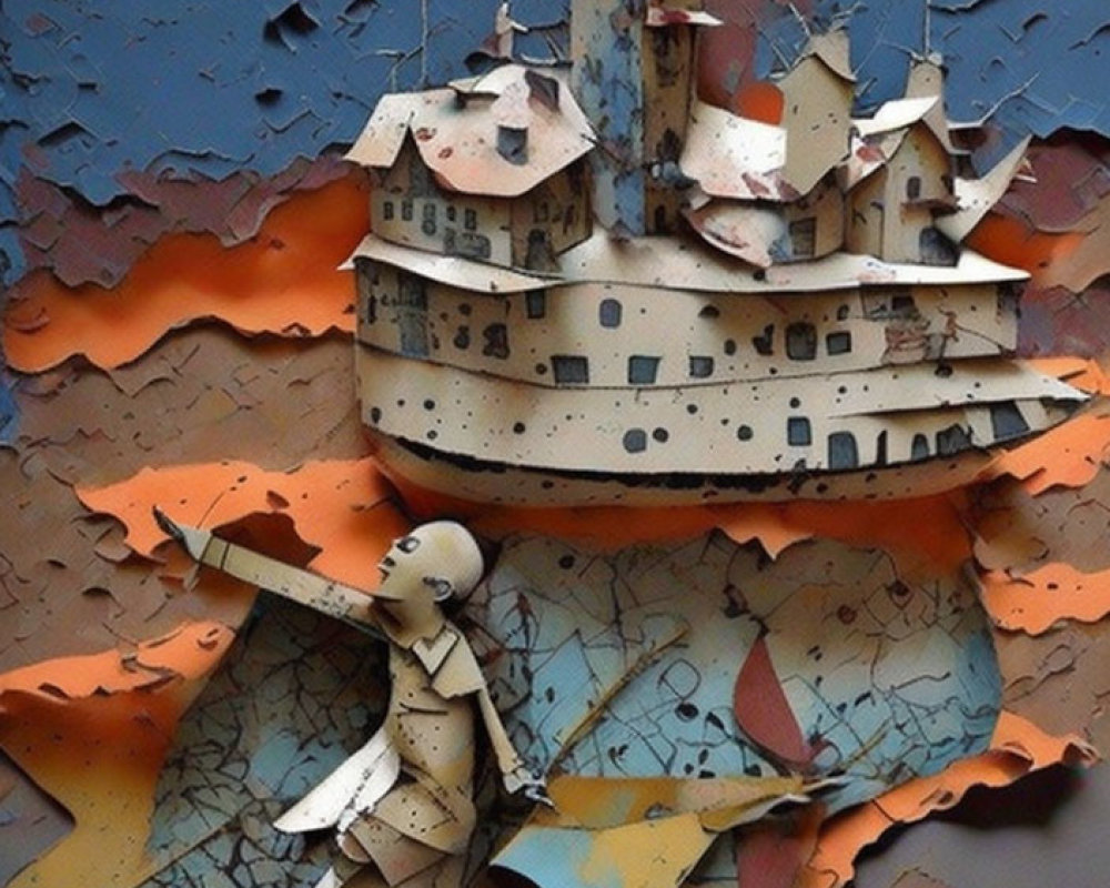 Layered Paper Ship Breaking Through Colorful Surface - 3D Artwork