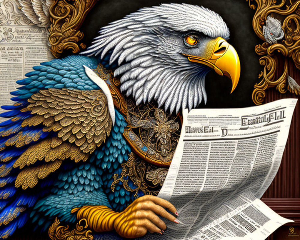 Anthropomorphic eagle with human hand reading newspaper in intricate setting