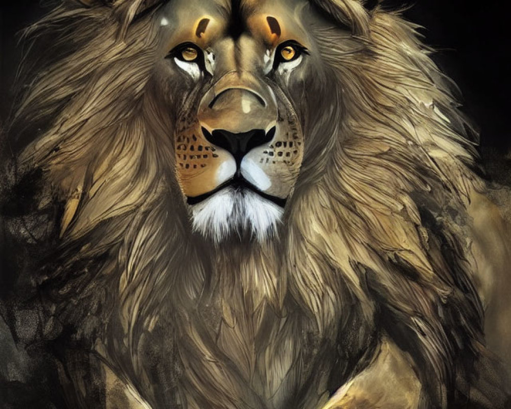 Detailed artwork of majestic lion with voluminous mane and amber eyes against dark background