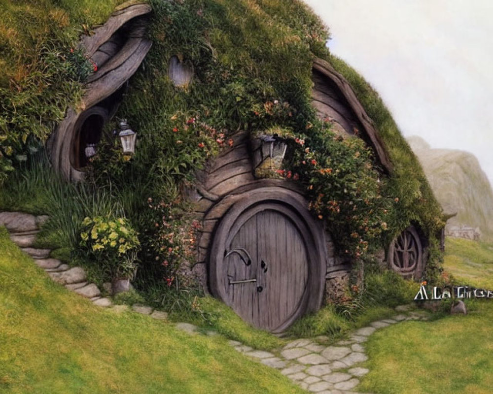 Quaint hobbit home on hillside with round wooden door