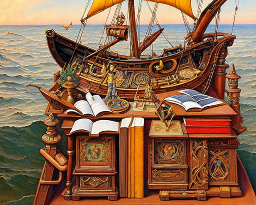 Surreal painting of ship merged with books and navigation instruments on sea