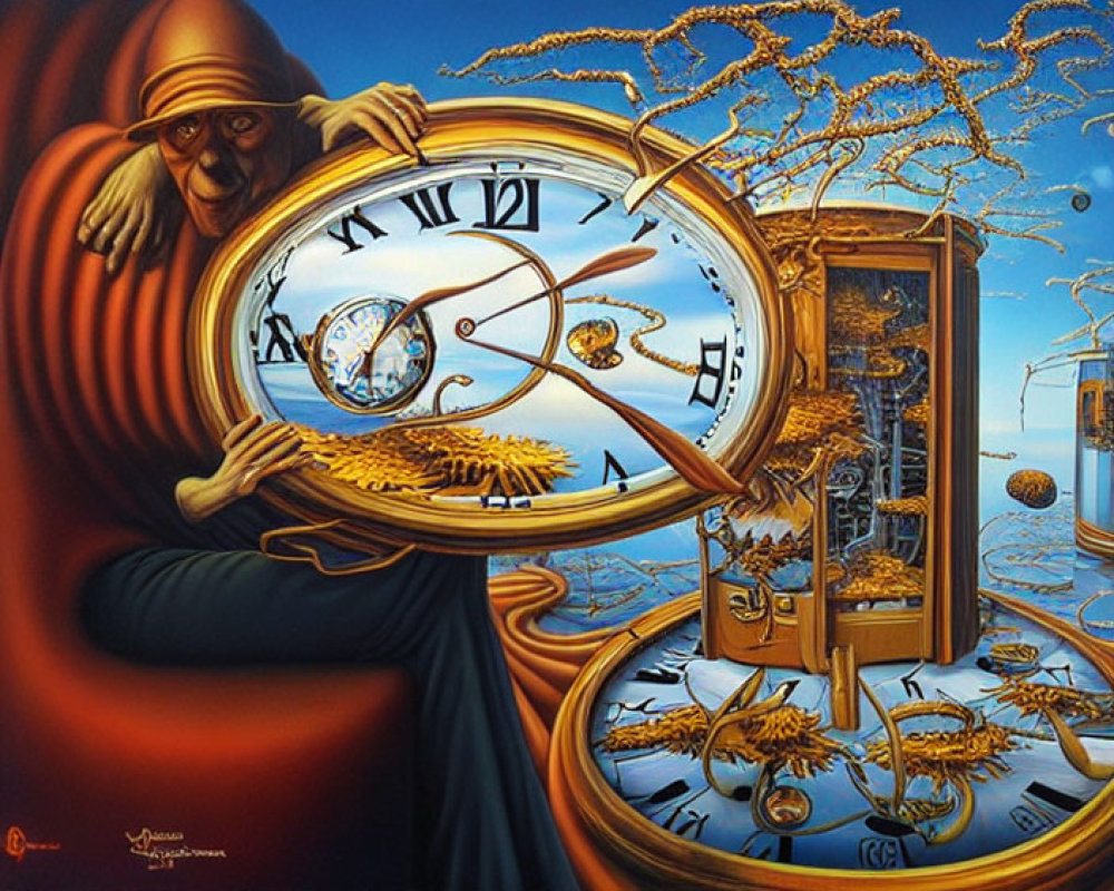 Surreal painting: figure holding melting clock with tree branches and floating objects