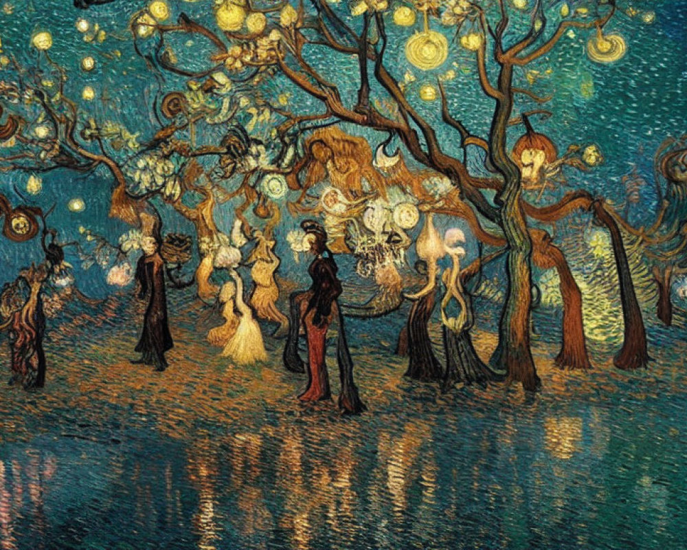 Stylized painting of people in elegant attire under starry night sky with swirling patterns, whimsical