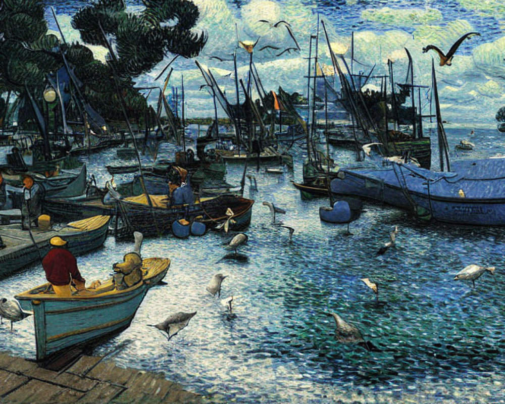 Colorful harbor scene with boats, seagulls, and people in vibrant painting