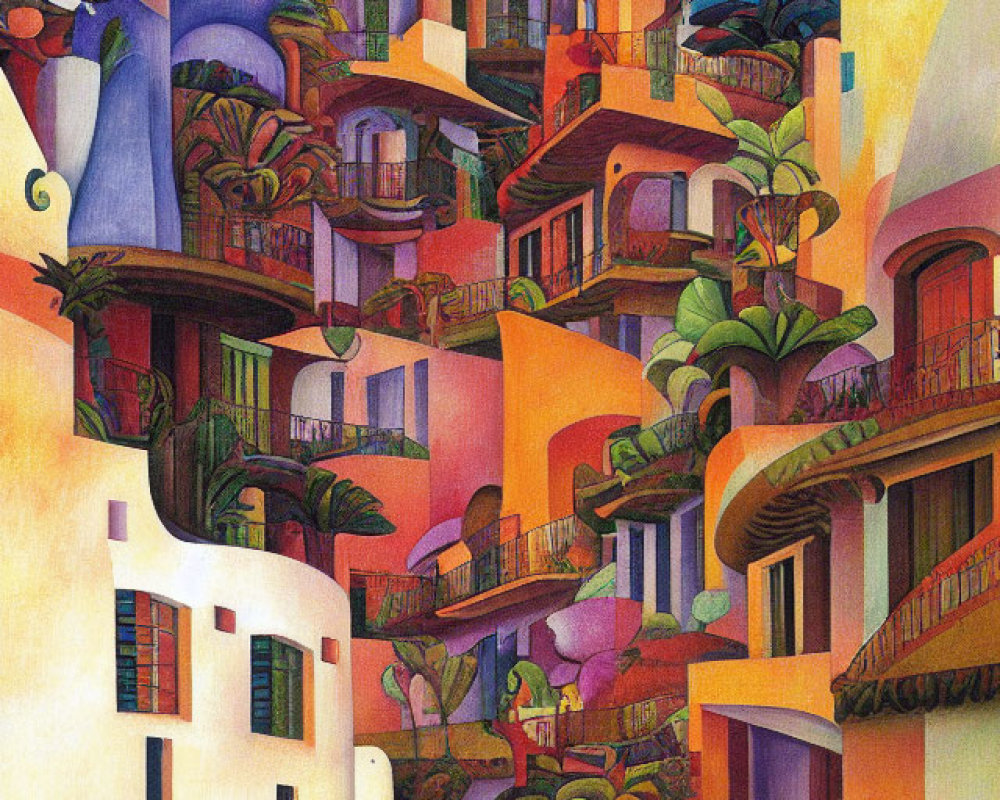 Whimsical village illustration with colorful architecture & lone figure