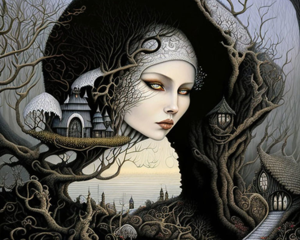 Surreal artwork of woman merging with gnarled tree and gothic house