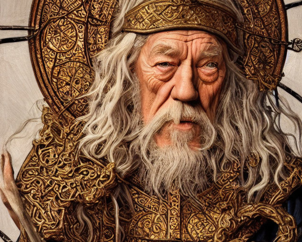 Elderly man in ornate golden armor with white beard and staff