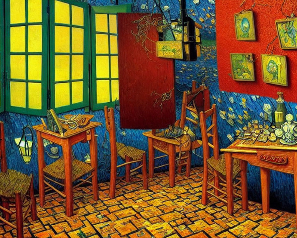 Vivid illustration of colorful artist's room with yellow floors, blue walls, red canvas, chairs,