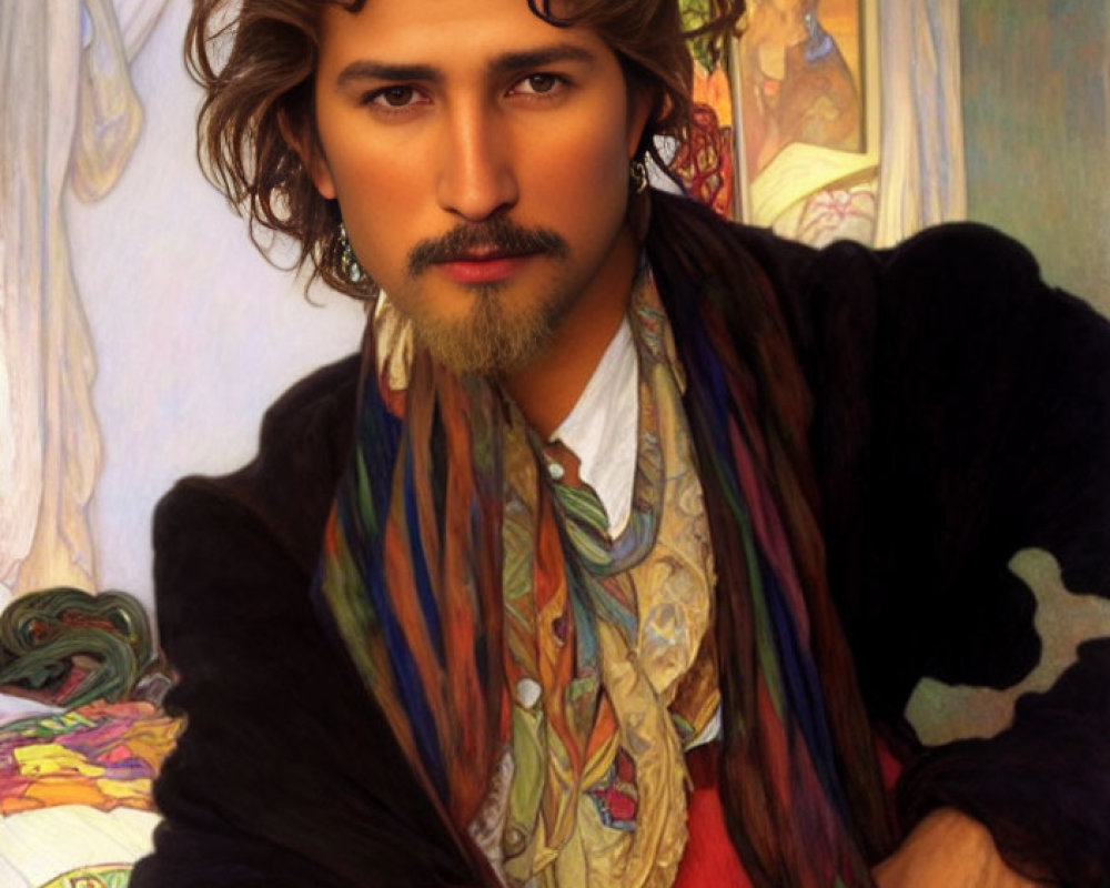 Man with Wavy Hair and Goatee in Colorful Attire and Artistic Background