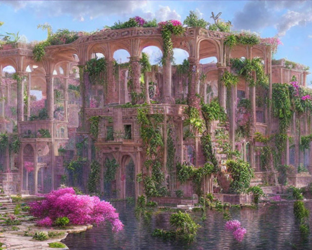 Ancient ruin with lush greenery, pink flowers, and waterway