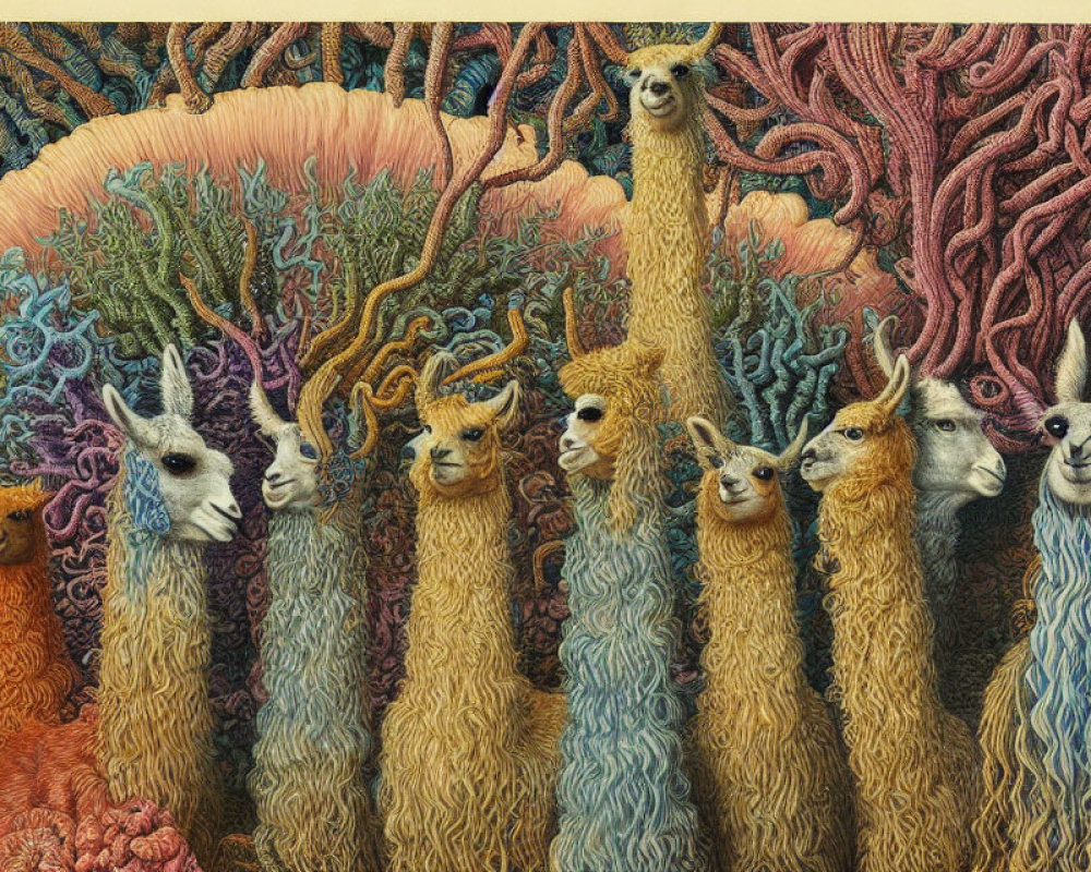 Colorful llamas with intricate wool patterns in whimsical illustration