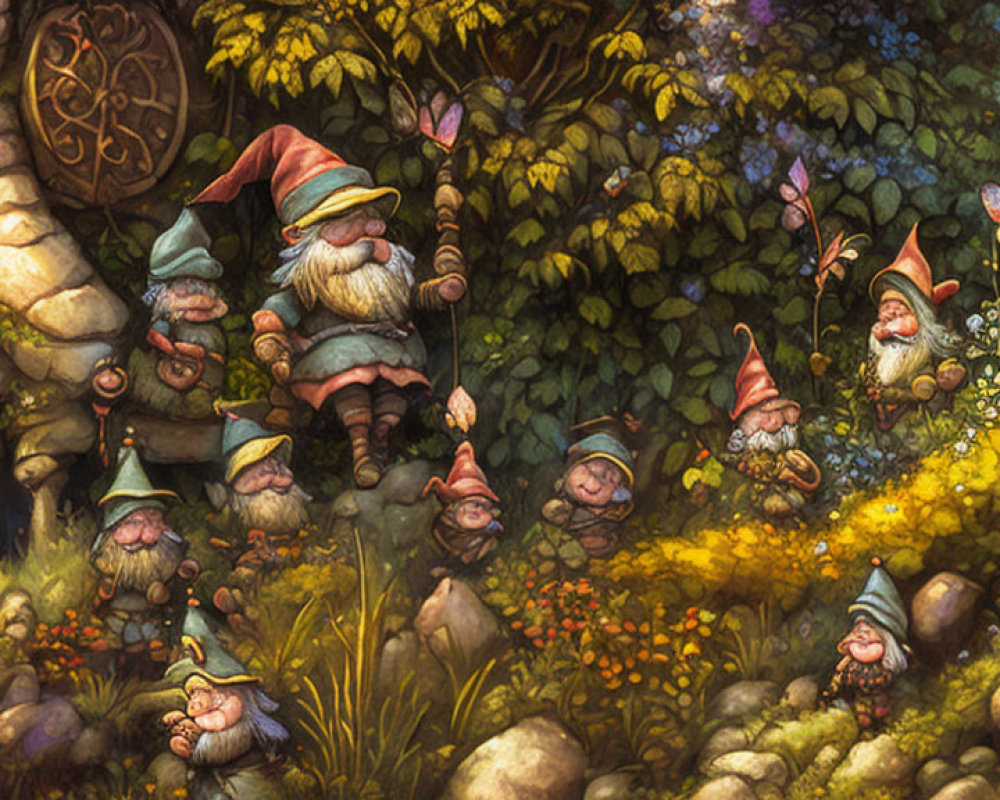 Whimsical gnomes in enchanted forest with intricate plants and cozy tree door