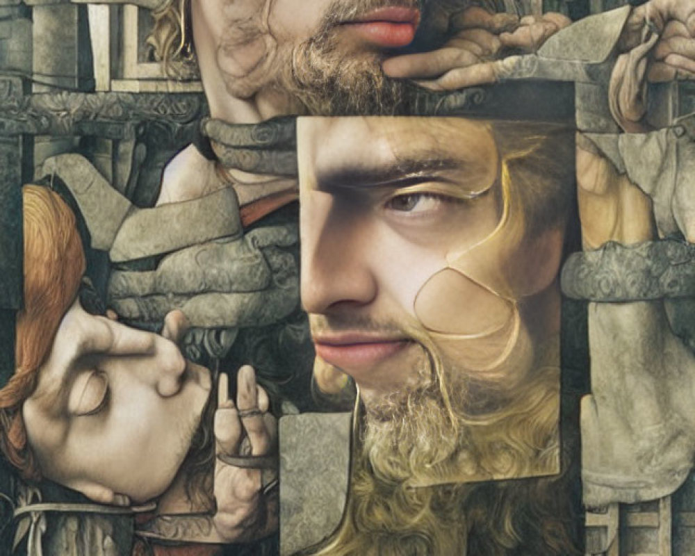 Surreal composite artwork of multiple faces and body parts