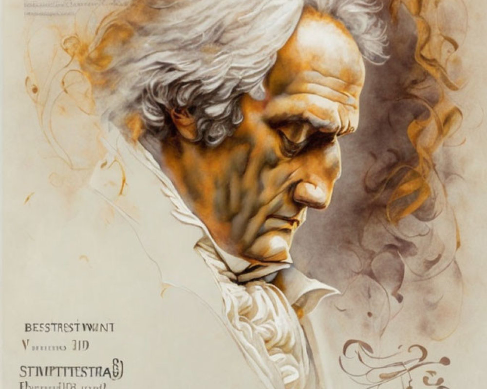 Elderly man with white hair and smoke wisps in artistic illustration