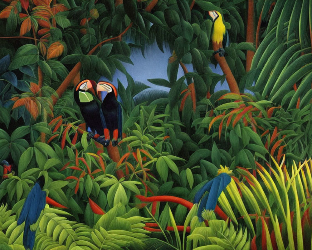 Colorful Jungle Scene with Toucans and Parrots in Lush Greenery