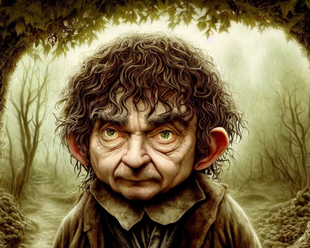 Curly-Haired Hobbit in Enchanted Forest Fantasy Scene