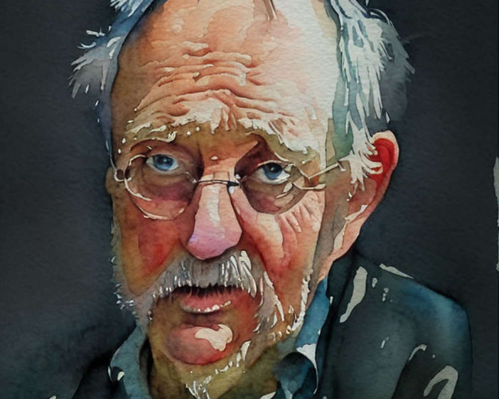 Elderly Man Watercolor Portrait with Blue Eyes and White Beard