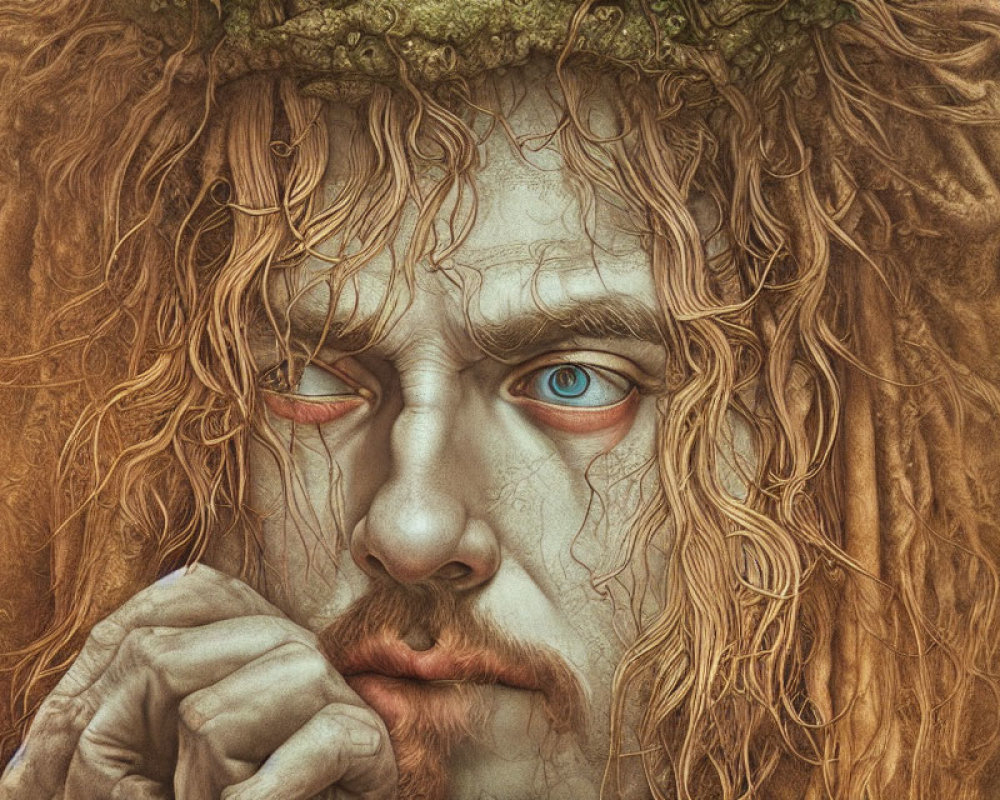 Portrait of a person with intense blue eyes and curly hair wearing a crown of leaves.