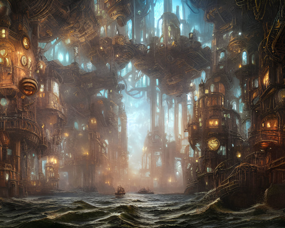 Intricate Steampunk Cityscape Emerging from Turbulent Waters