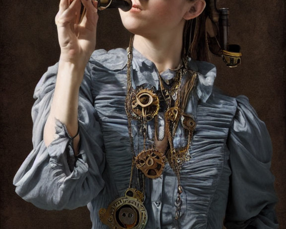 Steampunk-themed person with goggles looking through brass telescope