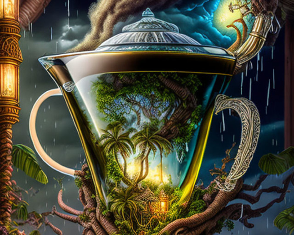 Teacup with forest, dragon, and oriental architecture under rainy night sky