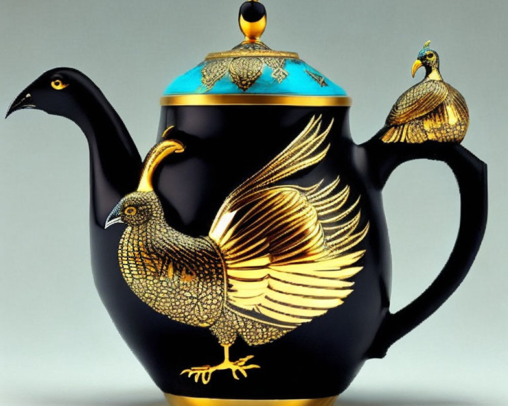 Peacock Design Teapot with Gold and Blue Colors