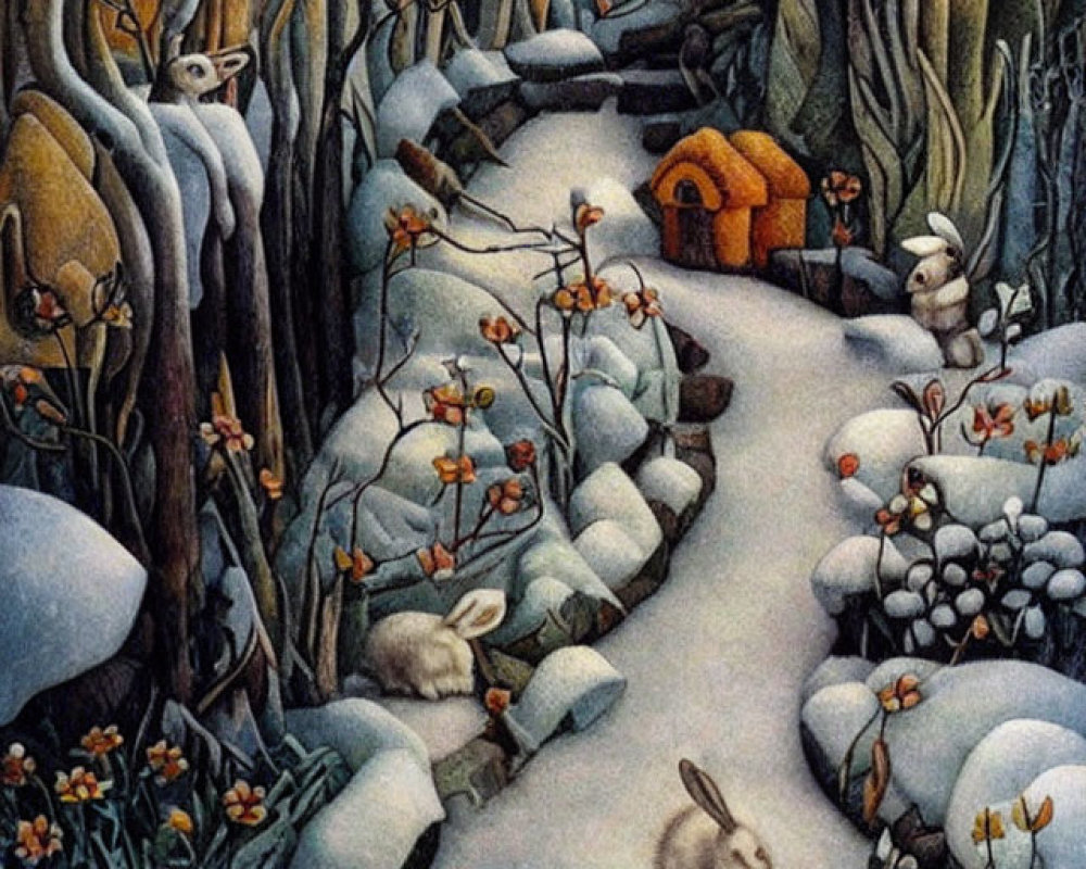 Snowy path to cozy orange house in whimsical winter scene