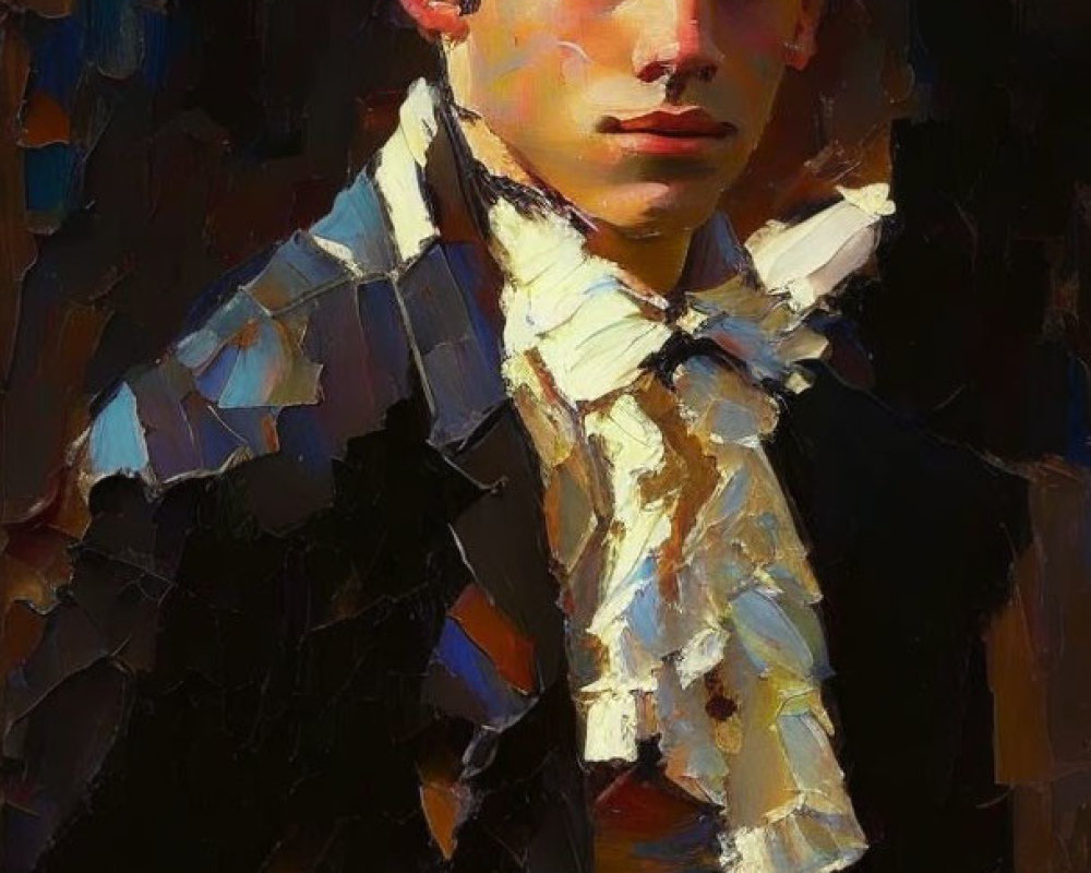 Portrait of a young man in dark coat and white scarf in impressionistic style