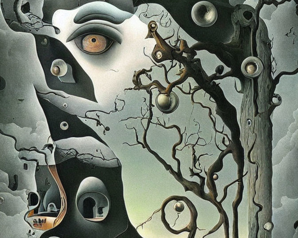 Surrealist painting with eye motifs, tree, and twisted architecture on cloudy sky background