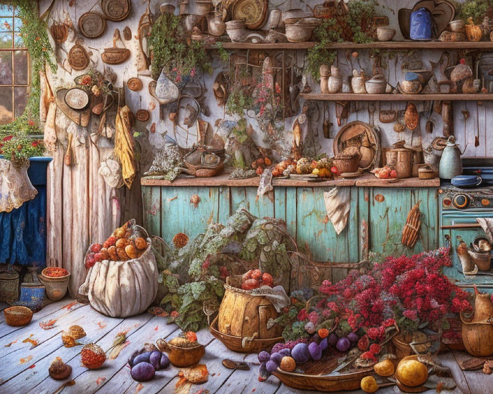 Rustic kitchen decor with fresh produce, garlic, herbs, kitchenware, and vintage wood stove