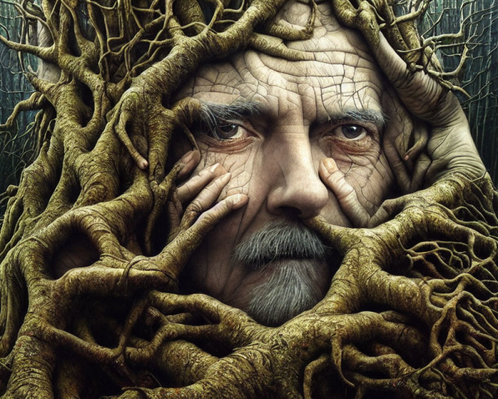 Man's face emerging from tree roots in forest with serious expression