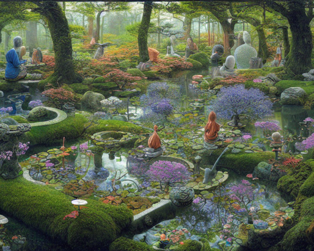 Tranquil garden with meditating figures and vibrant flora