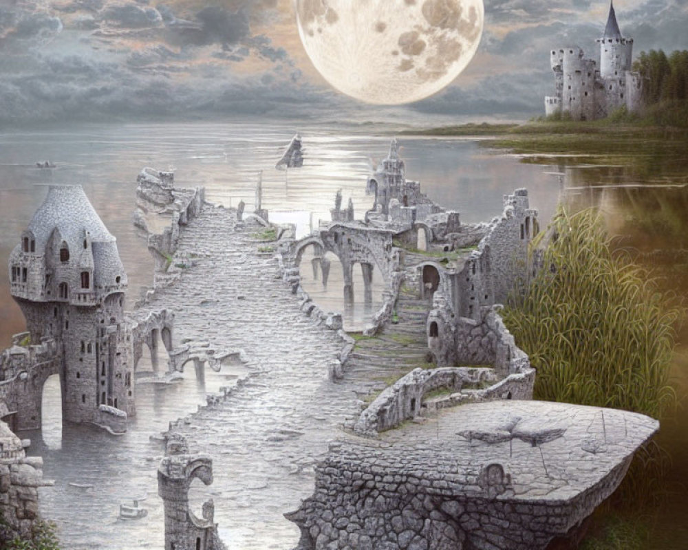 Majestic moonlit landscape with stone bridge, ruins, and castle