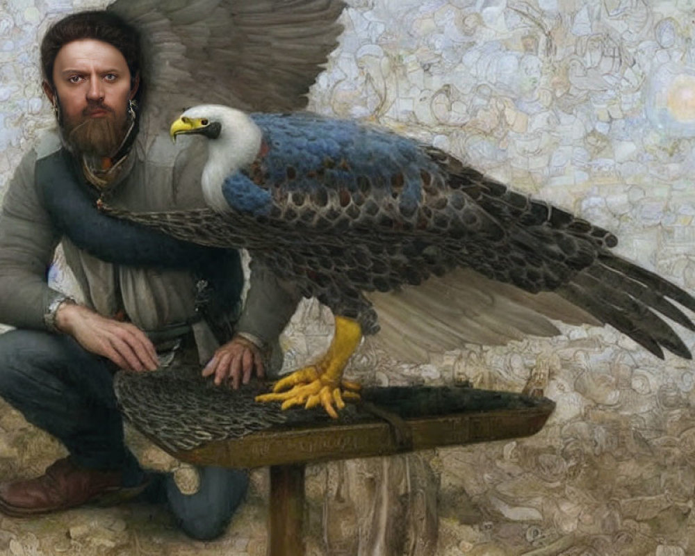 Bearded man with eagle on perch, floral patterns, subdued colors