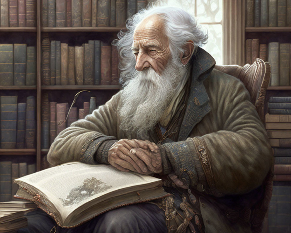 Elderly man with white beard reading in a library full of books