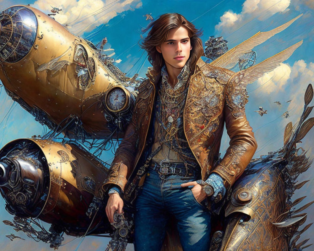 Digital artwork: Young man in steampunk attire with airships