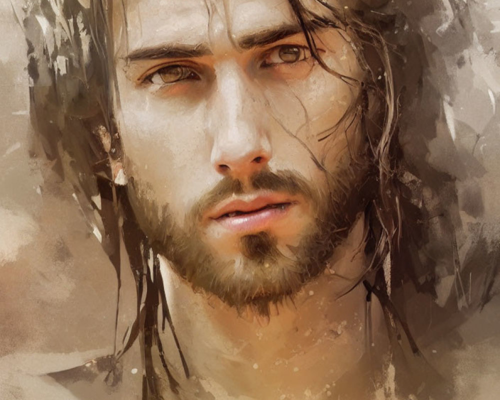 Intense man portrait with wet hair and stubble in warm tones