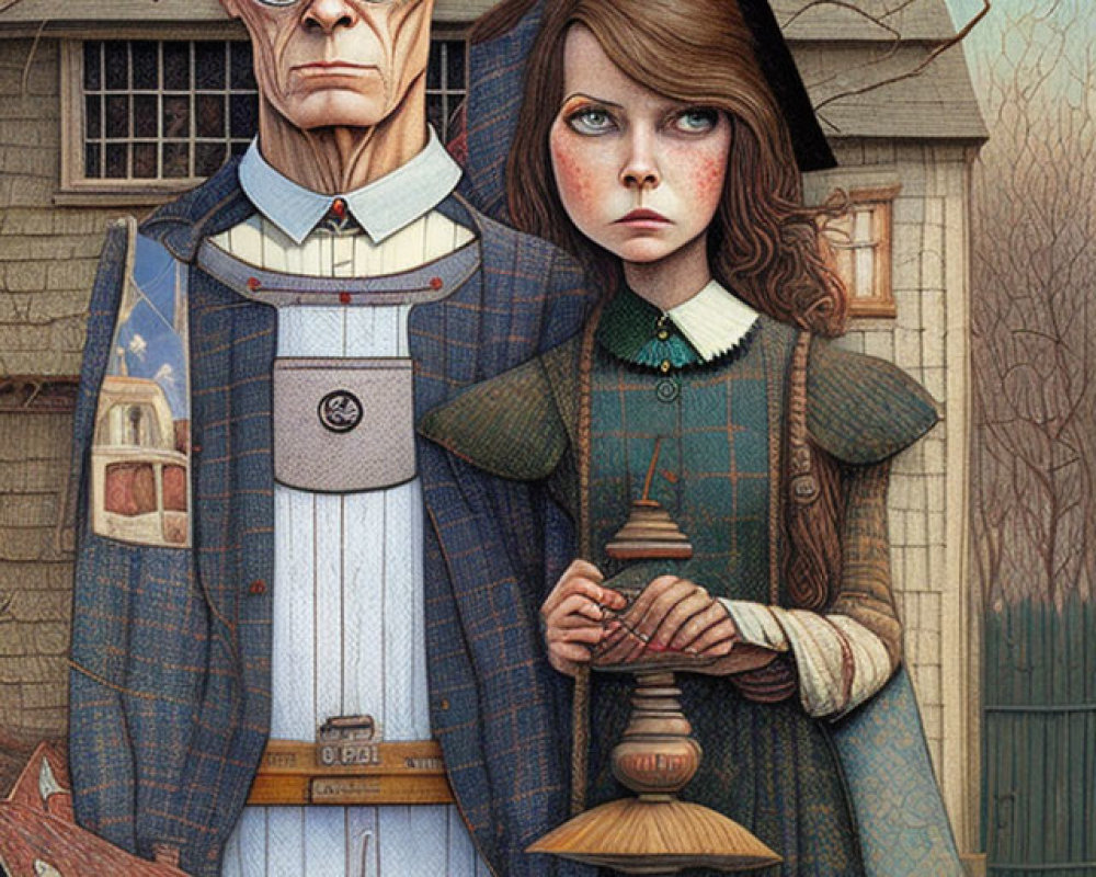 Surreal illustration of stern-faced man and young girl in vintage attire