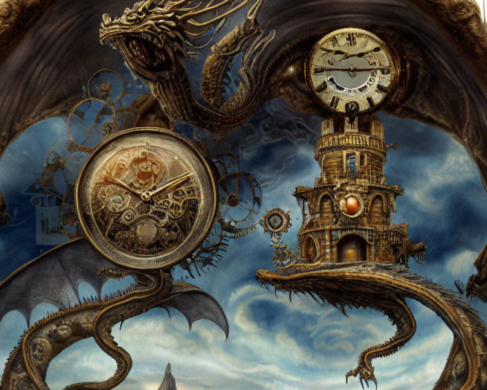 Dragon encircling clock tower with gears and clocks on cloudy sky background