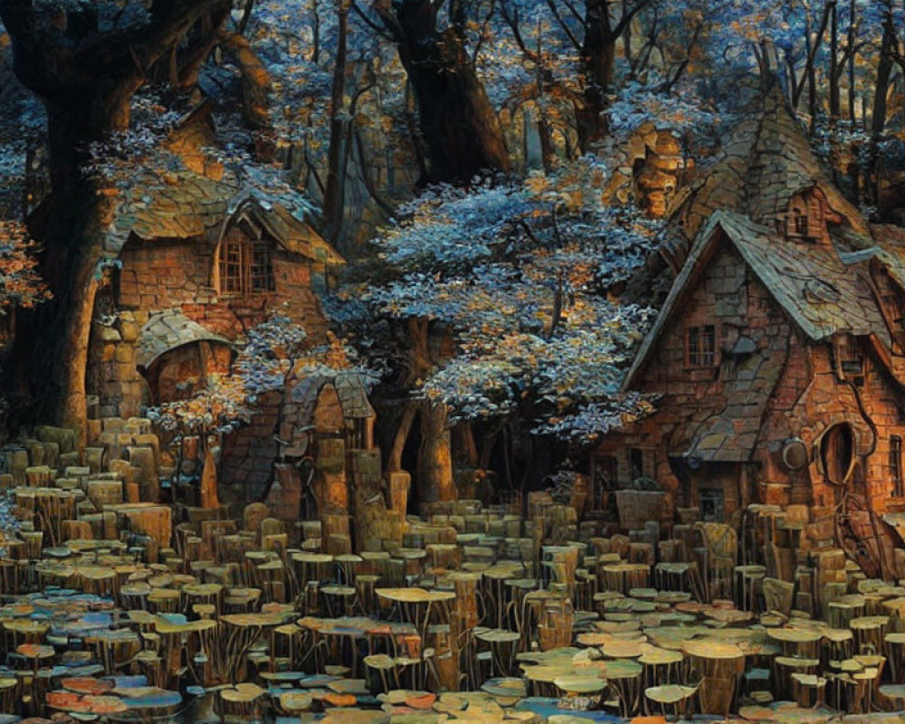 Stone cottages in blooming forest with lily pad carpet